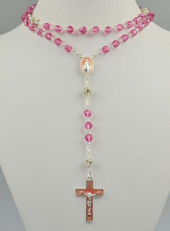 Chapelet en Argent & Perles de Cristal Rose (pic 2)