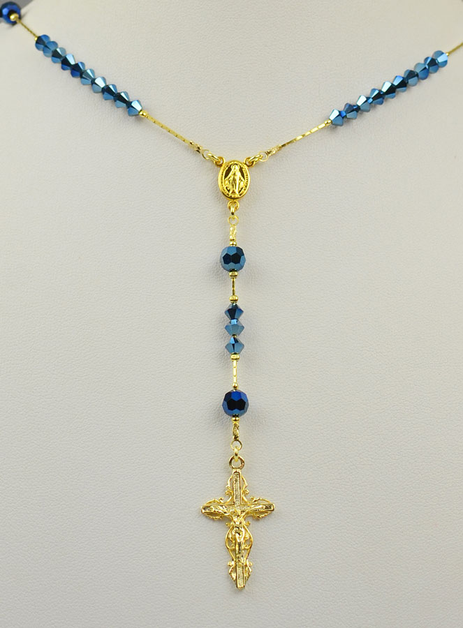 Collier Chapelet Plaqué Or 18 Carats & Cristal Bleu (pic 2)