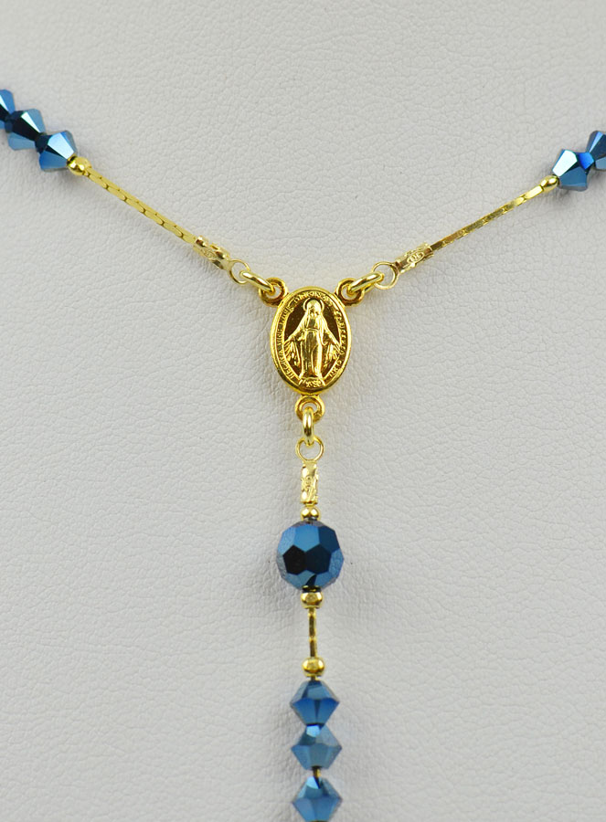 Collier Chapelet Plaqué Or 18 Carats & Cristal Bleu (pic 3)