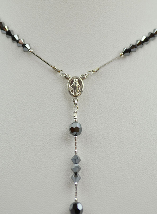 Chapelet en Cristal Noir & Argent Massif Rhodié (pic 3)