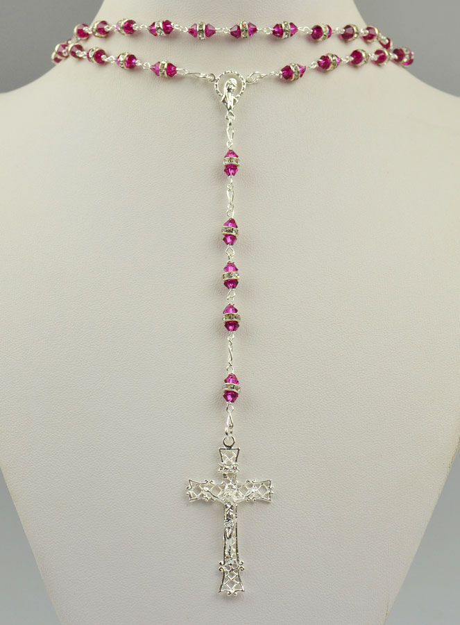 Chapelet en Argent & Cristal Rose Fuchsia Serti (pic 2)