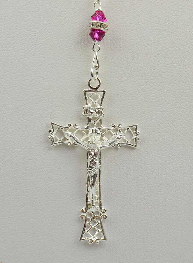 Chapelet en Argent & Cristal Rose Fuchsia Serti (pic 4)