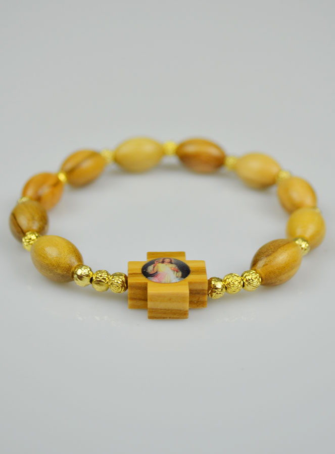 Bracelet Dizainier Croix en Bois d'Olivier - Miséricorde Divine (pic 3)