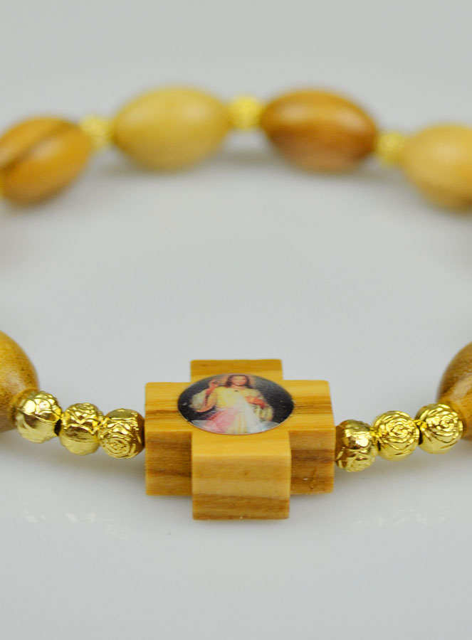 Bracelet Dizainier Croix en Bois d'Olivier - Miséricorde Divine (pic 4)