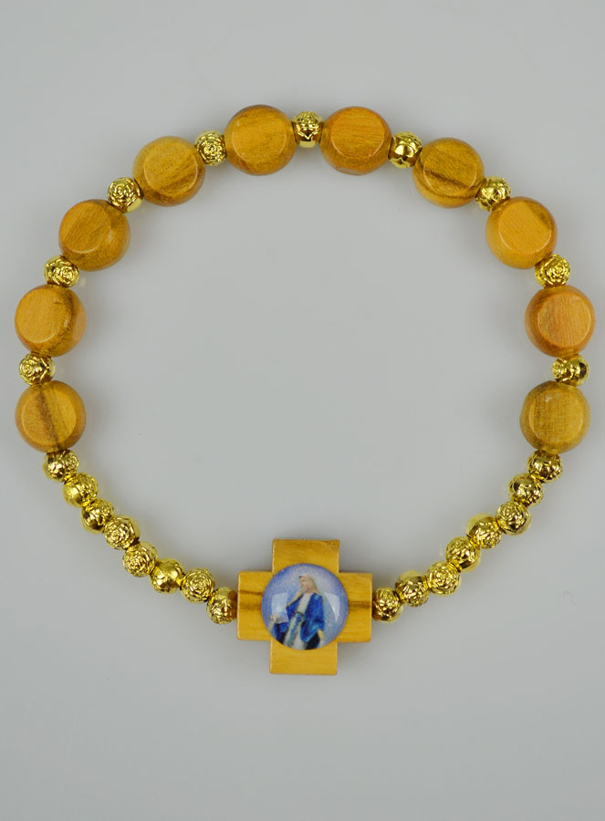 Bracelet Croix en Bois d'Olivier - Vierge Miraculeuse (pic 2)