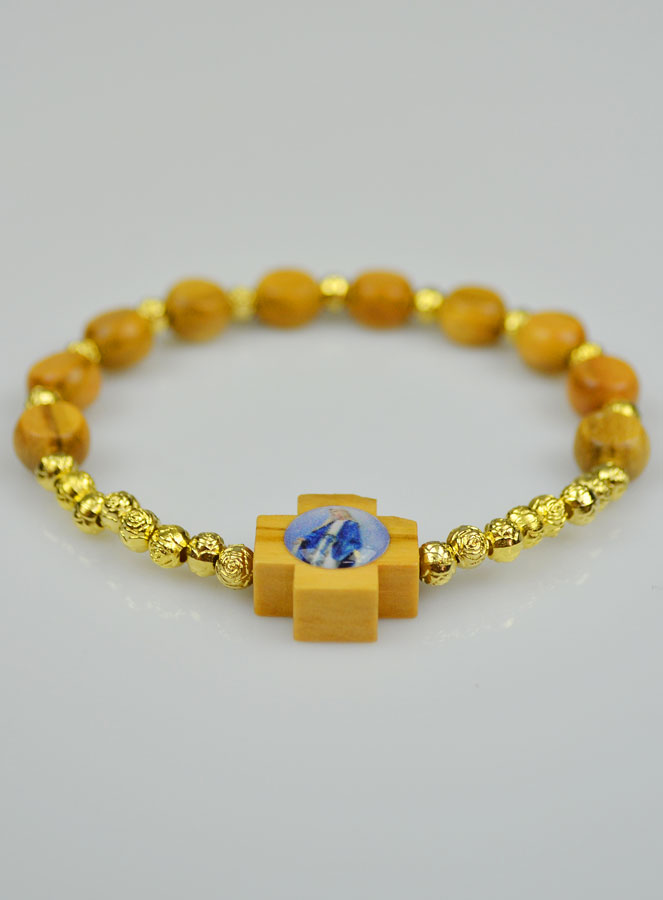 Bracelet Croix en Bois d'Olivier - Vierge Miraculeuse (pic 3)