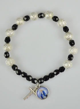 Bracelet Religieux Vierge Miraculeuse & Croix en Cristal Noir & Strass (pic 1)