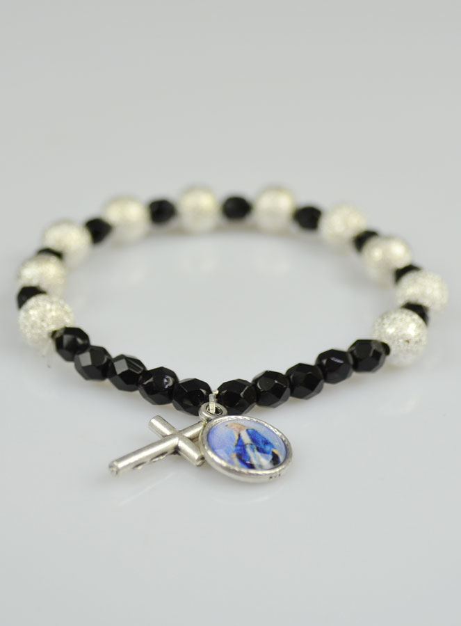 Bracelet Religieux Vierge Miraculeuse & Croix en Cristal Noir & Strass (pic 3)