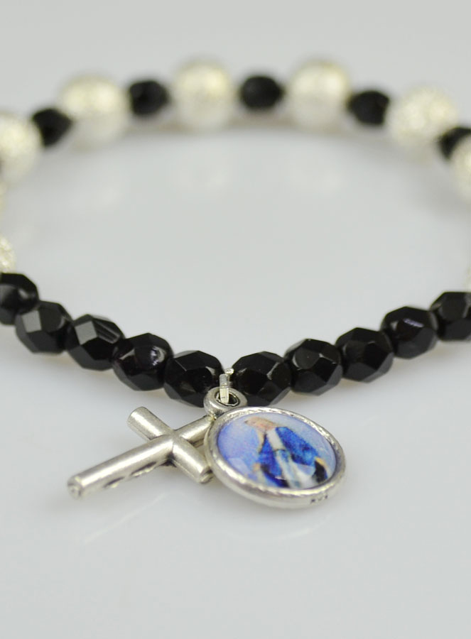 Bracelet Religieux Vierge Miraculeuse & Croix en Cristal Noir & Strass (pic 4)