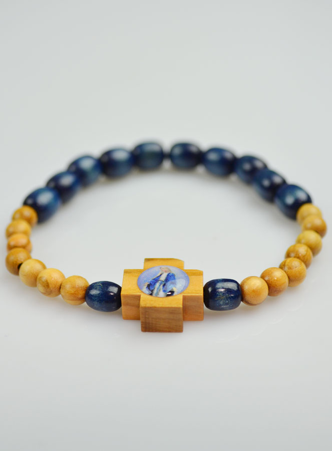 Bracelet Religieux en Bois 2 Tons Bleu & Bois Clair - Vierge Miraculeuse (pic 3)