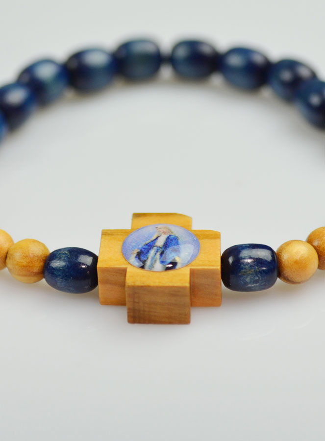 Bracelet Religieux en Bois 2 Tons Bleu & Bois Clair - Vierge Miraculeuse (pic 4)