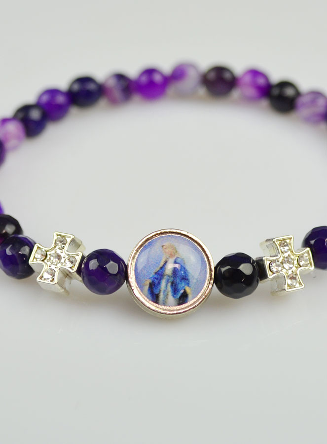 Bracelet Religieux en Agate Véritable - Croix & Médaille Vierge Miraculeuse (pic 3)