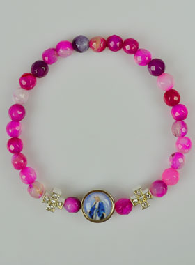 Bracelet Religieux en Agate Rose - Croix & Médaille Vierge Miraculeuse (pic 1)