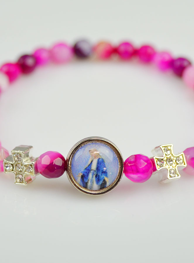 Bracelet Religieux en Agate Rose - Croix & Médaille Vierge Miraculeuse (pic 3)