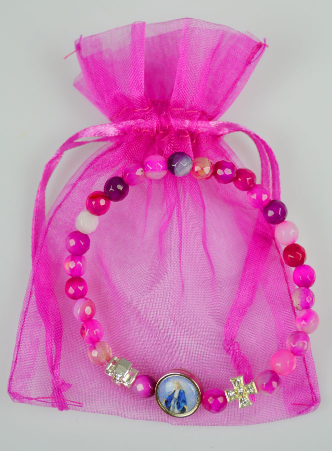 Bracelet Religieux en Agate Rose - Croix & Médaille Vierge Miraculeuse (pic 4)