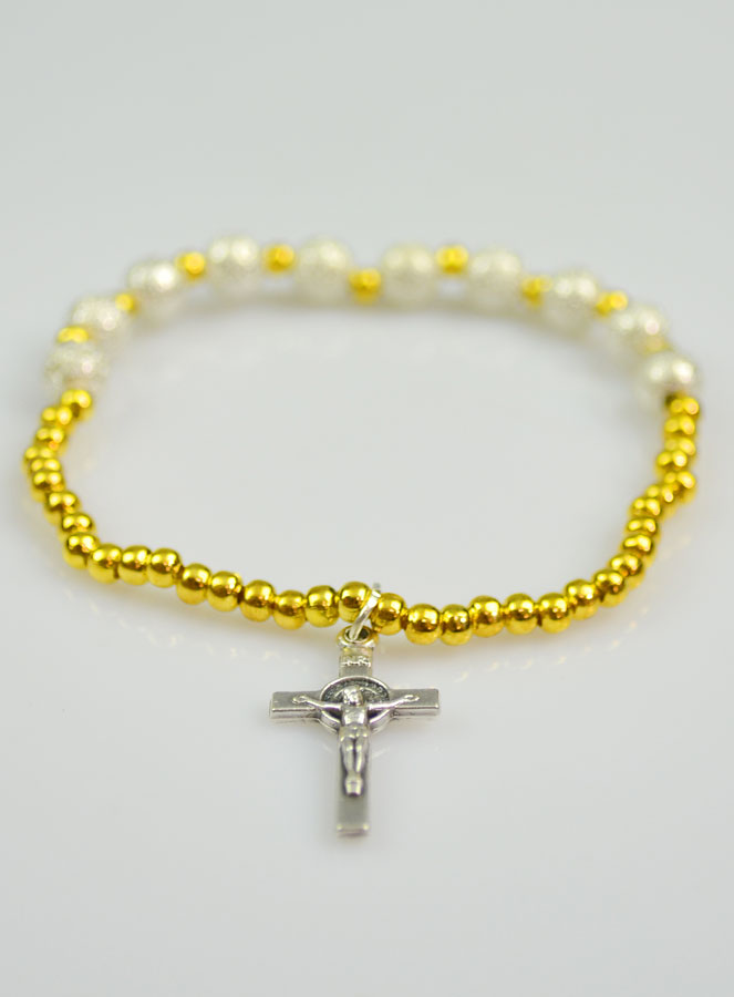Bracelet Religieux Dizainier en Perles Strass & Croix de St Benoît (pic 3)