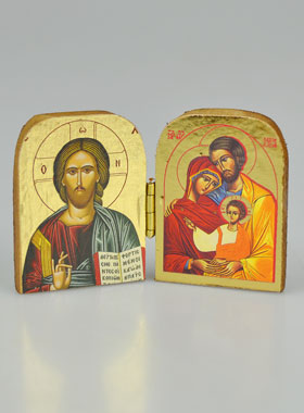 Icône Religieuse Diptyque Ste Famille & Christ Pantocrator - Mini Format 5cm (pic 1)
