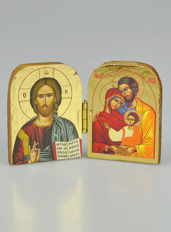 Icône Religieuse Diptyque Ste Famille & Christ Pantocrator - Mini Format 5cm (pic 2)