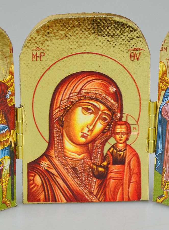 Icône Religieuse Triptyque Vierge de Kazan & Saints Archanges - 7cm (pic 3)