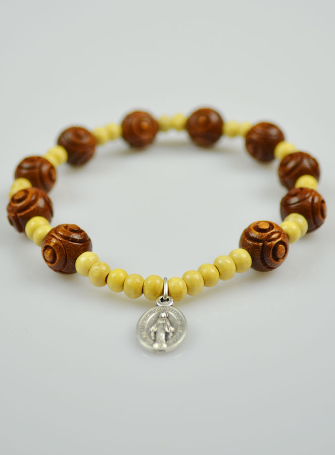 Bracelet Dizainier Grains en Bois Clair & Foncé - Médaille Miraculeuse (pic 3)