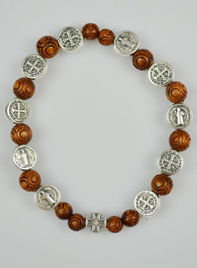 Bracelet Religieux Dizainier Saint Benoît en Bois Foncé & Croix (pic 1)