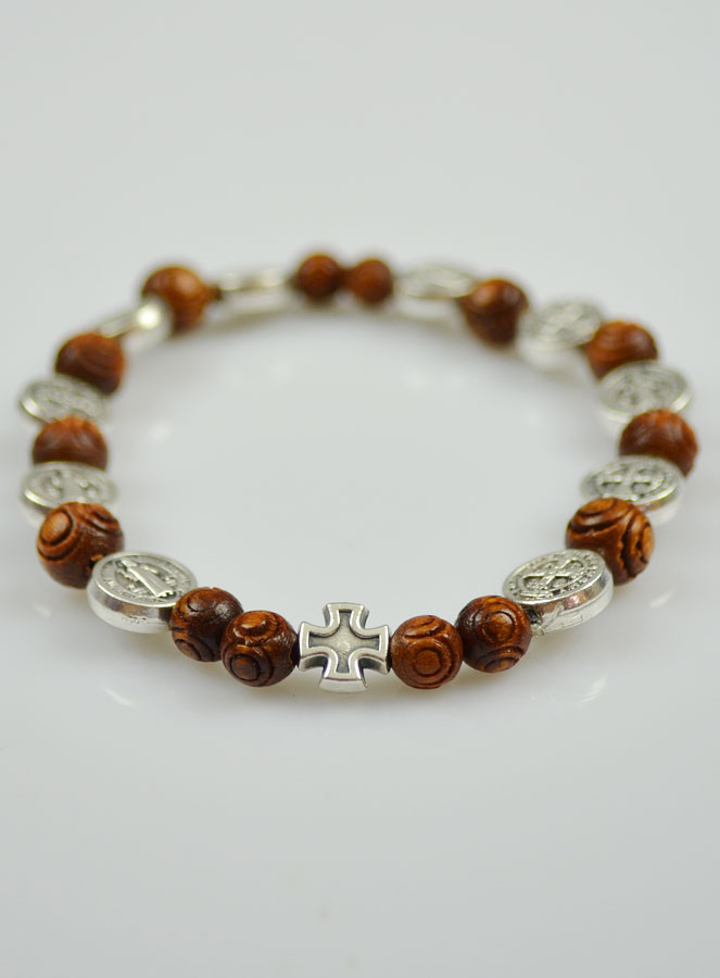 Bracelet Religieux Dizainier Saint Benoît en Bois Foncé & Croix (pic 3)