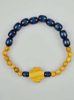 Bracelet Religieux Dizainier en Bois Bleu & Croix en Olivier (pic 1)