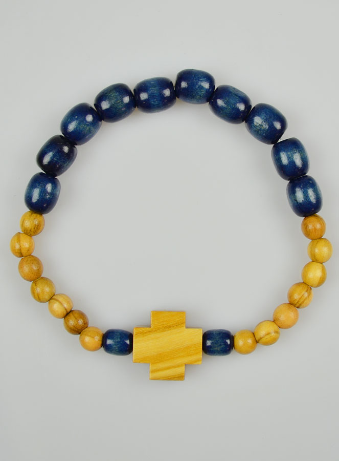 Bracelet Religieux Dizainier en Bois Bleu & Croix en Olivier (pic 2)