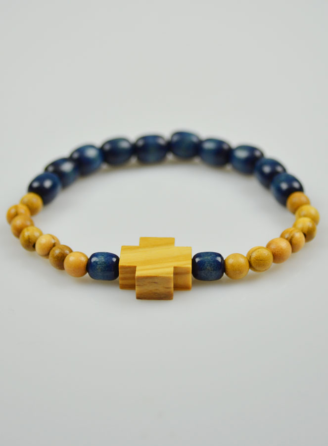 Bracelet Religieux Dizainier en Bois Bleu & Croix en Olivier (pic 3)