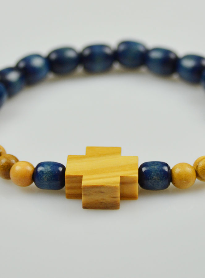 Bracelet Religieux Dizainier en Bois Bleu & Croix en Olivier (pic 4)