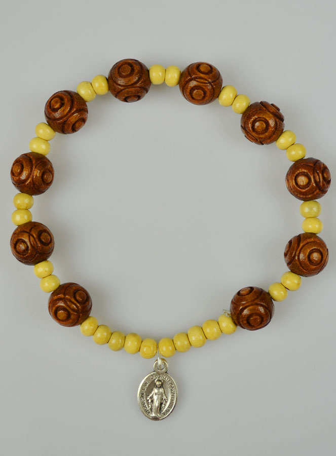 Bracelet Religieux Médaille Miraculeuse - Grains en Bois Clair & Foncé (pic 2)
