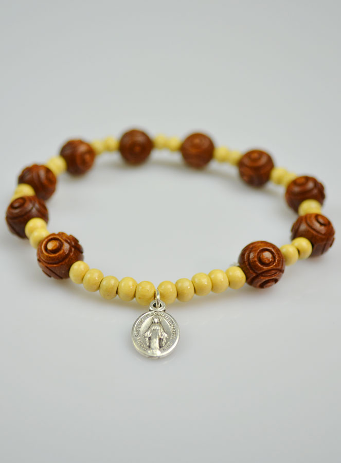 Bracelet Religieux Médaille Miraculeuse - Grains en Bois Clair & Foncé (pic 3)