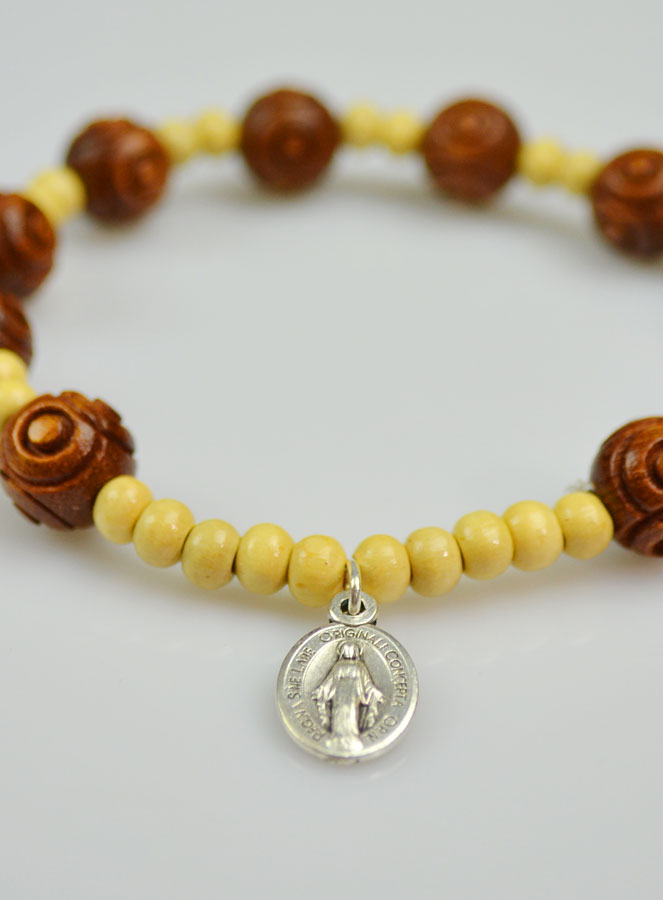 Bracelet Religieux Médaille Miraculeuse - Grains en Bois Clair & Foncé (pic 4)