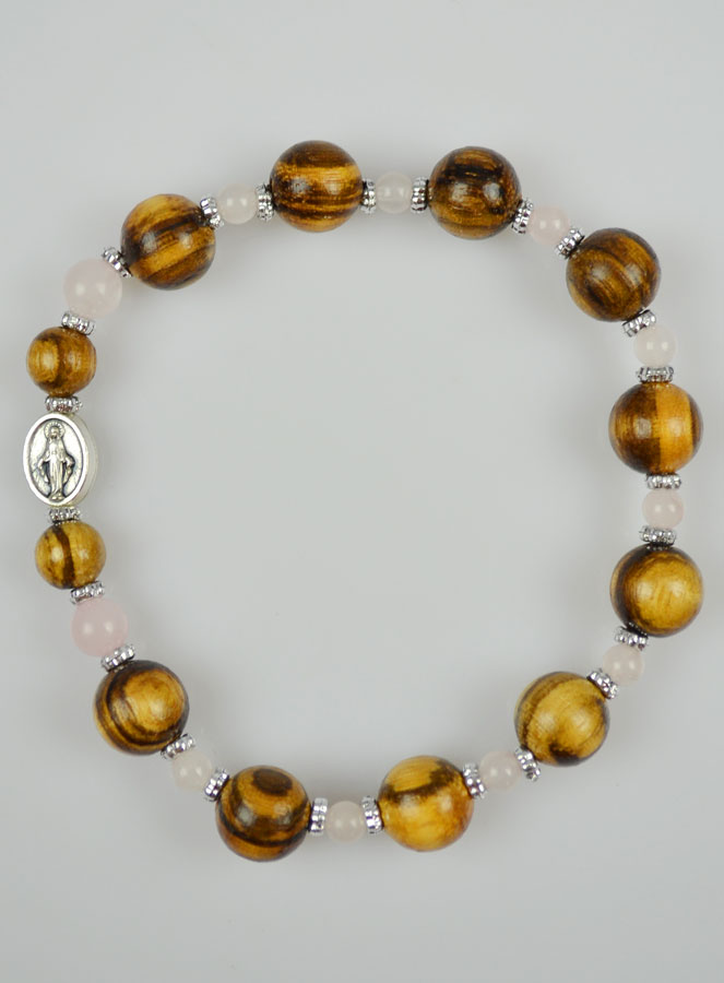 Bracelet Religieux Vierge Miraculeuse Bois d'Olivier & Quartz (pic 2)