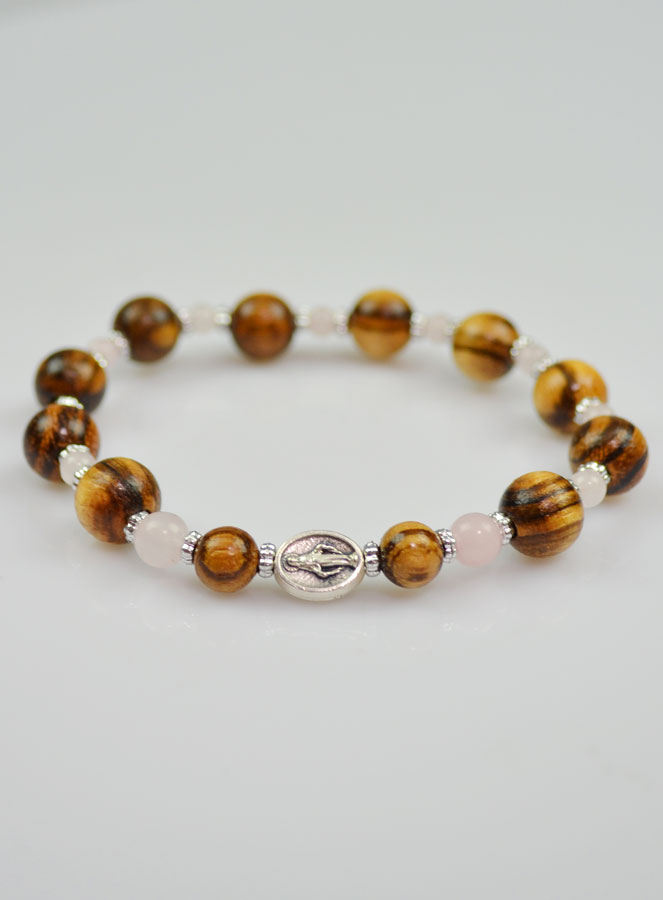 Bracelet Religieux Vierge Miraculeuse Bois d'Olivier & Quartz (pic 3)