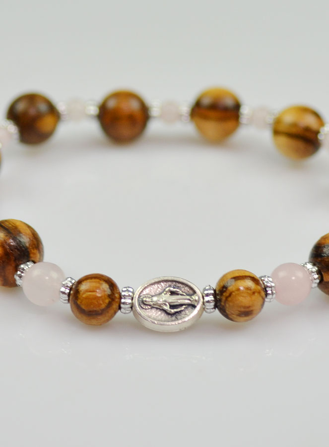 Bracelet Religieux Vierge Miraculeuse Bois d'Olivier & Quartz (pic 4)