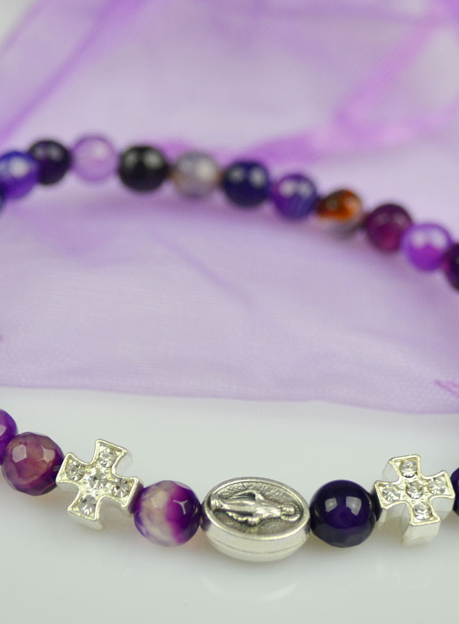 Bracelet Religieux Vierge Miraculeuse en Agate & Croix Diamants (pic 4)