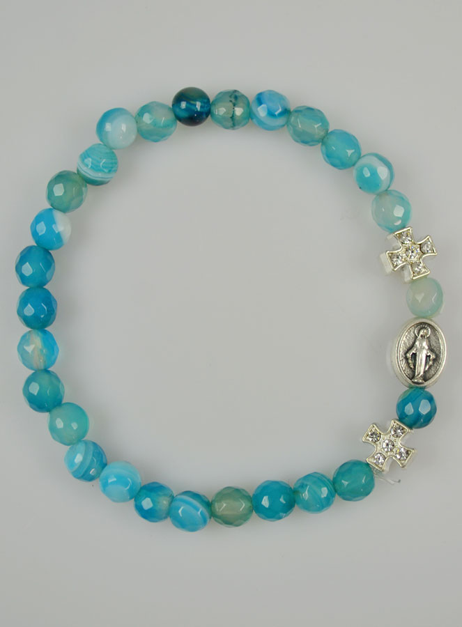 Bracelet Religieux Vierge Miraculeuse en Agate Bleue & Croix Diamants (pic 2)
