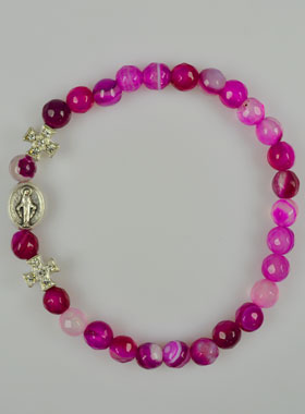 Bracelet Religieux Vierge Miraculeuse en Agate Rose & Croix Diamants (pic 1)