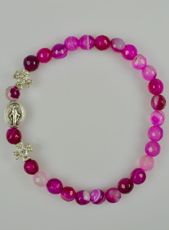Bracelet Religieux Vierge Miraculeuse en Agate Rose & Croix Diamants (pic 2)