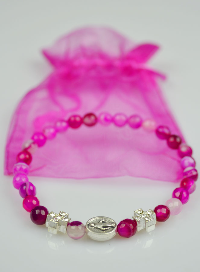 Bracelet Religieux Vierge Miraculeuse en Agate Rose & Croix Diamants (pic 3)