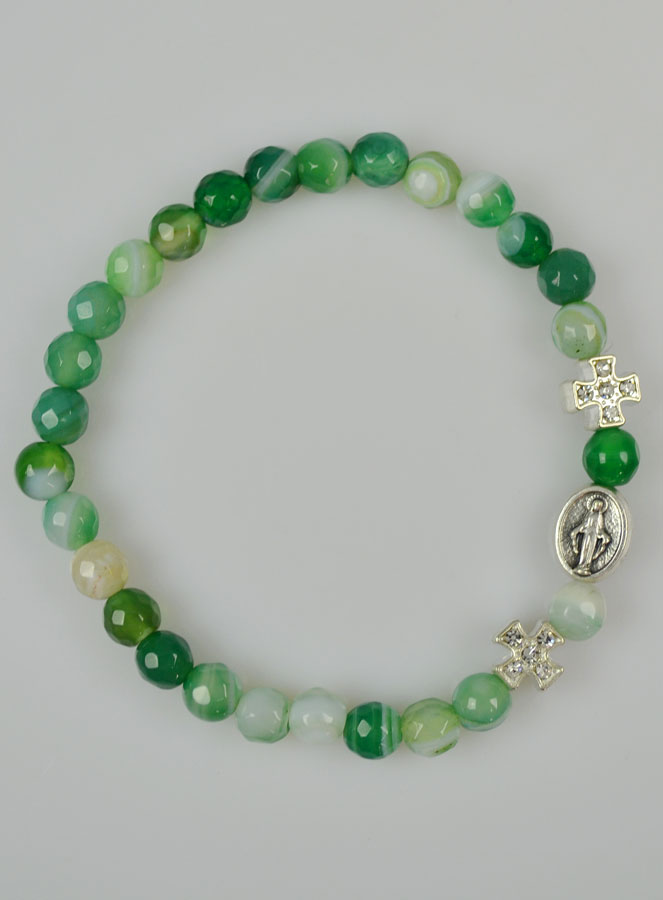 Bracelet Religieux Vierge Miraculeuse en Agate Verte & Croix Diamants (pic 2)