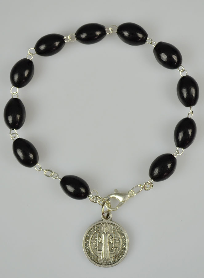 Bracelet Dizainier Bois Noir - Croix et Médaille de Saint Benoît (pic 2)