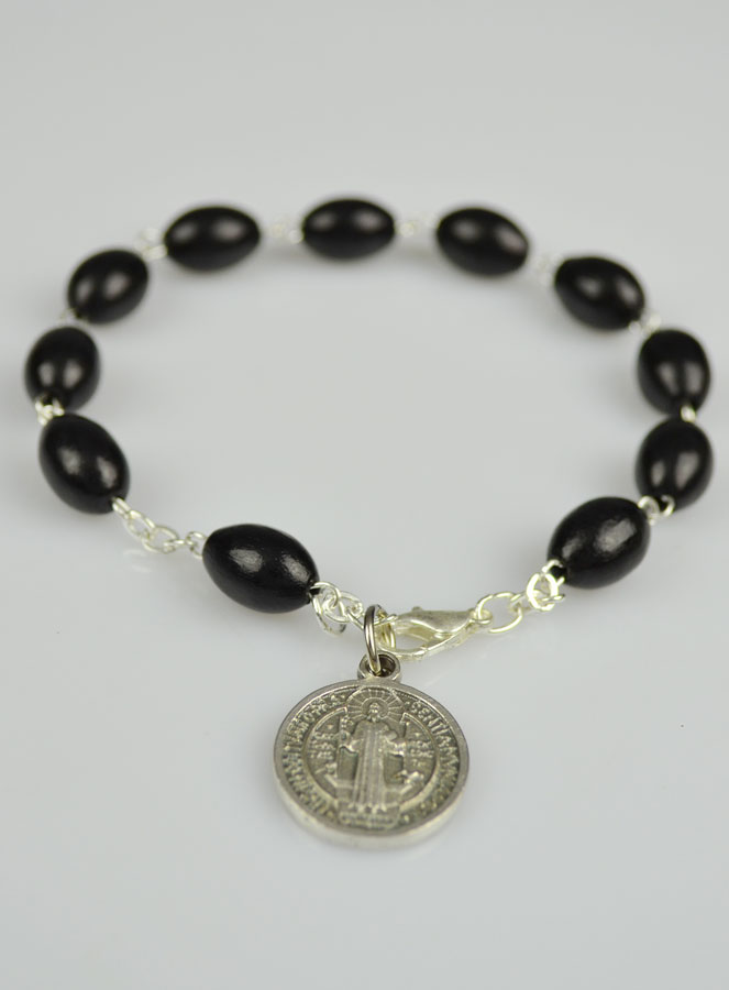 Bracelet Dizainier Bois Noir - Croix et Médaille de Saint Benoît (pic 3)