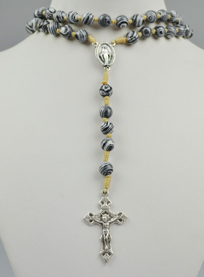 Chapelet en Pierre de Malachite Noire et Blanche sur Cordelette (pic 2)