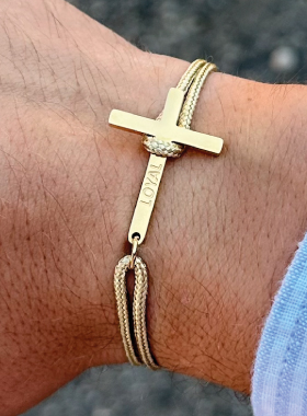 Bracelet avec Croix Doré sur Cordon Beige - Taille Femme (pic 1)