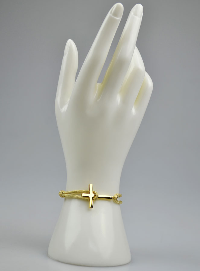 Bracelet avec Croix Doré sur Cordon Beige - Taille Femme (pic 2)
