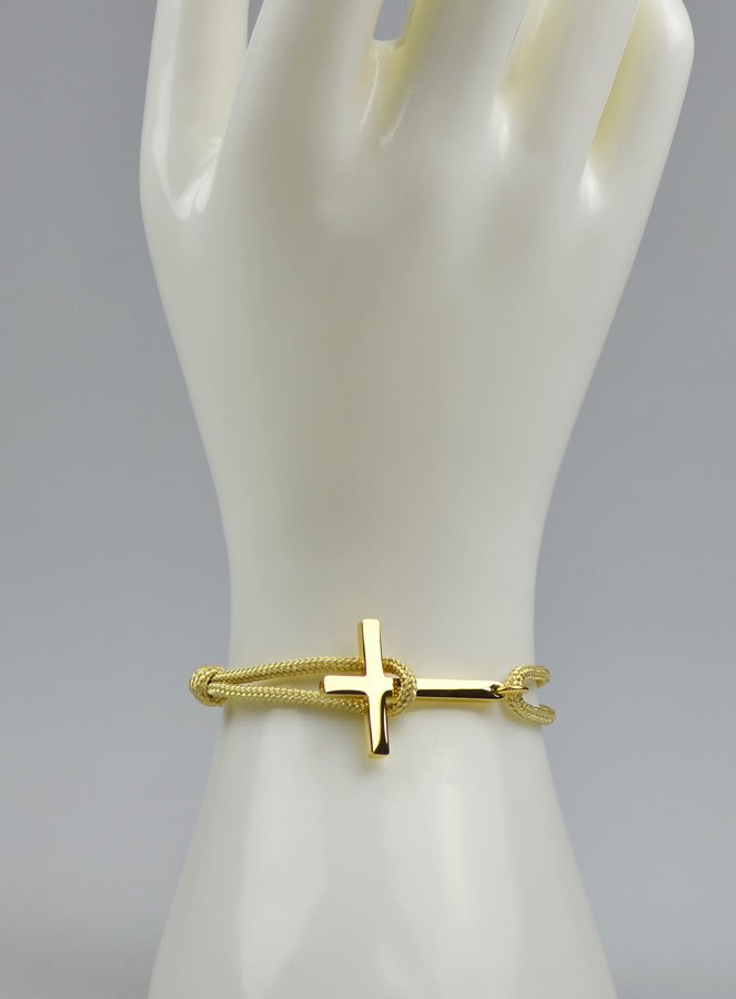 Bracelet avec Croix Doré sur Cordon Beige - Taille Femme (pic 3)