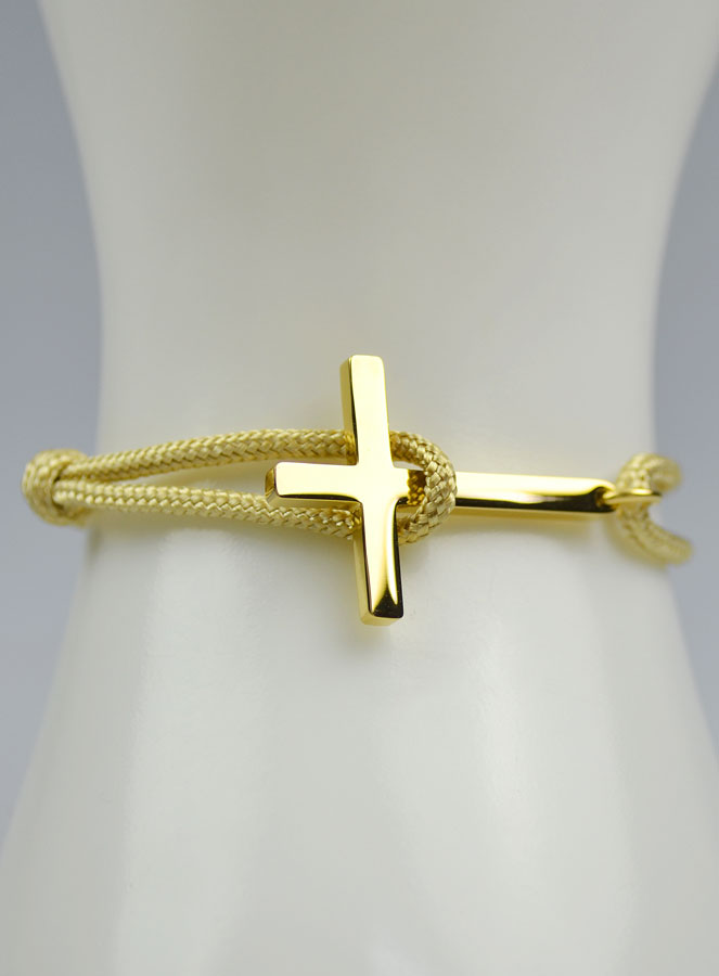 Bracelet avec Croix Doré sur Cordon Beige - Taille Femme (pic 4)