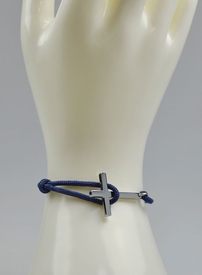 Bracelet avec Croix Argentée sur Cordon Marine - Taille Femme (pic 3)
